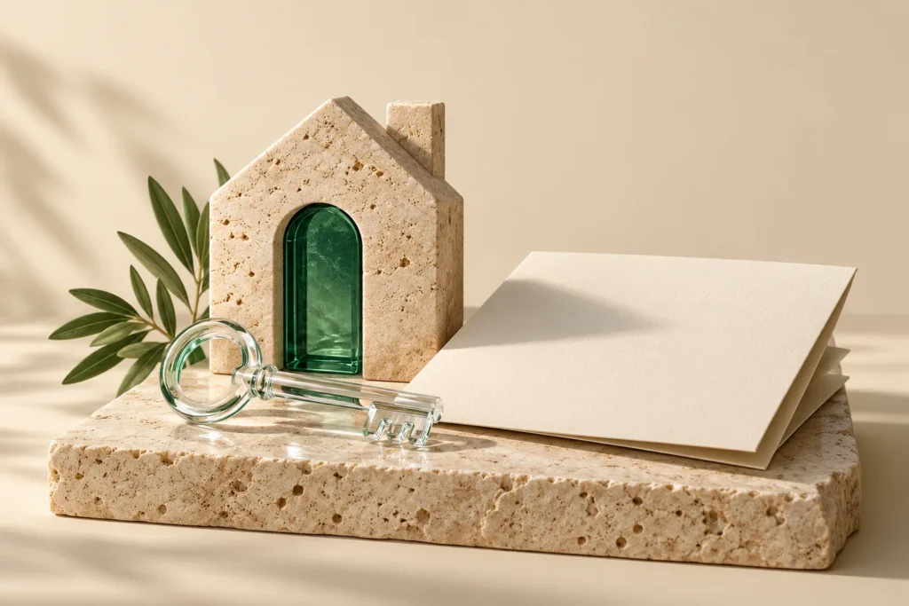 A travertine house with an emerald door, a glass key and a blank agreement.
