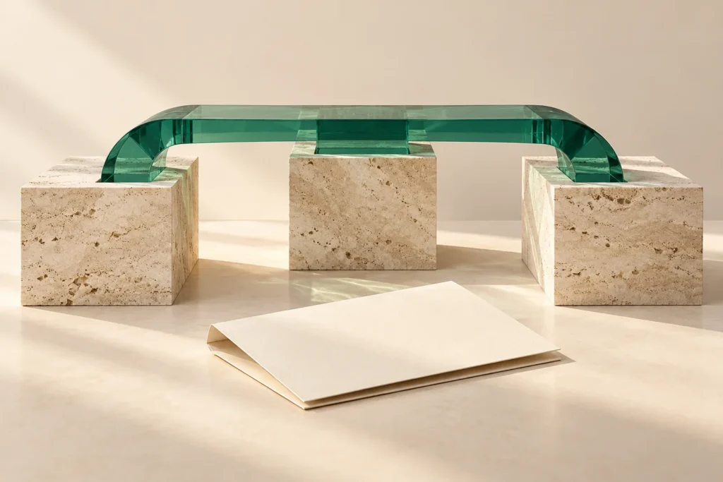 An emerald-glass bridge on three stone blocks beside a blank agreement.